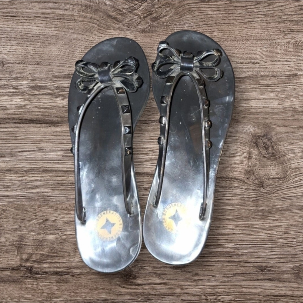 Black Flip Flops Bows Studs Size 8